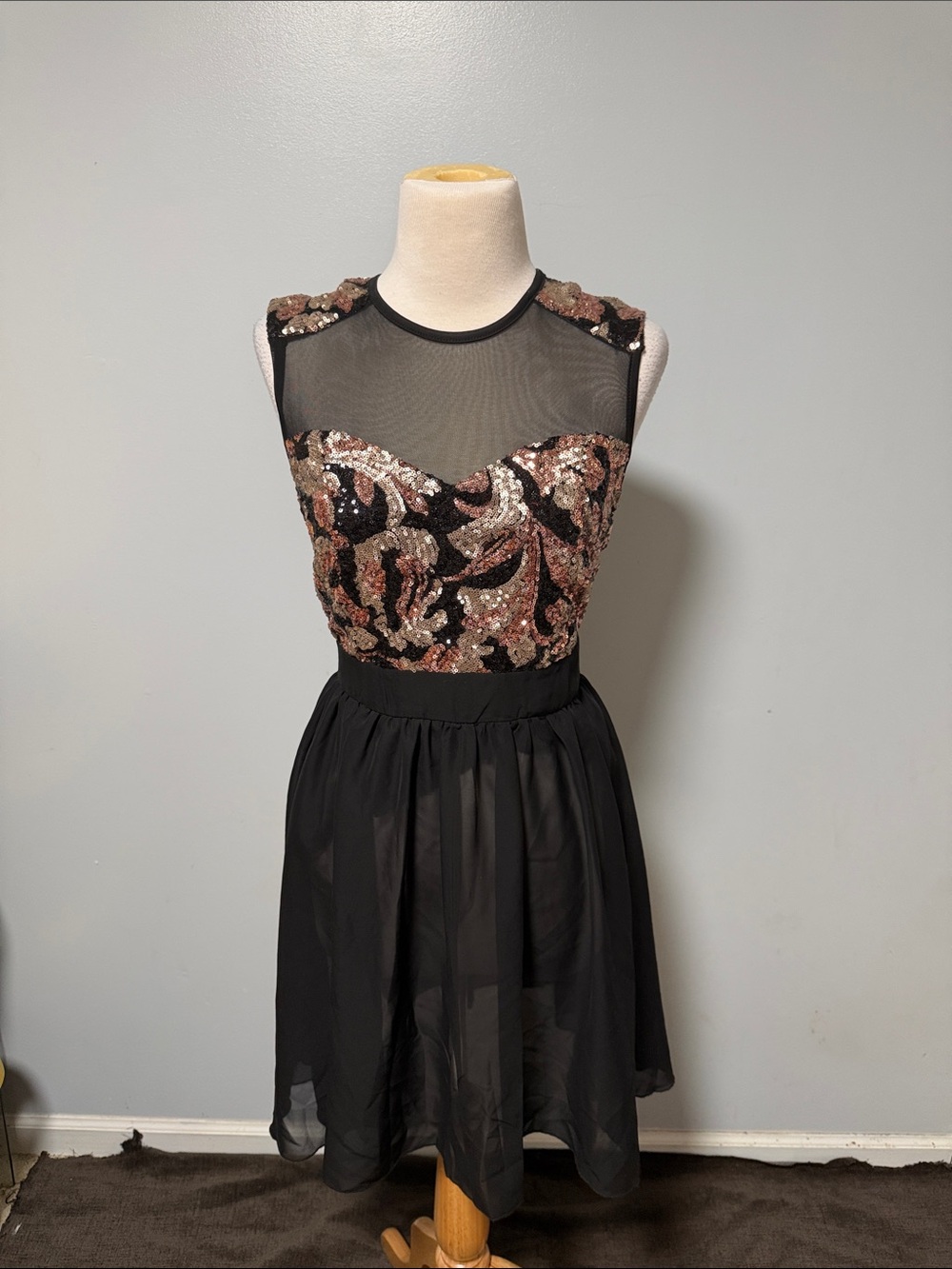 Black Mini Dress with Rose Gold Sequin Bodice